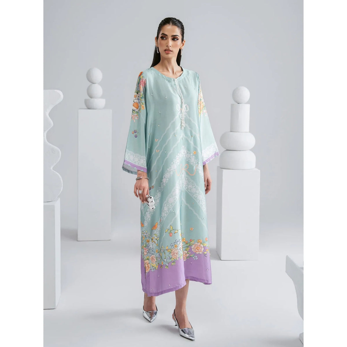 UAL-09 Printed Silk Kaftan with Trouser 2 Pc Set | Ally's