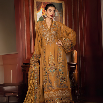 (Mustard) Embroidered Luxury Velvet Linen Suit | 3 Pc | Winter Collection | MARIA.B