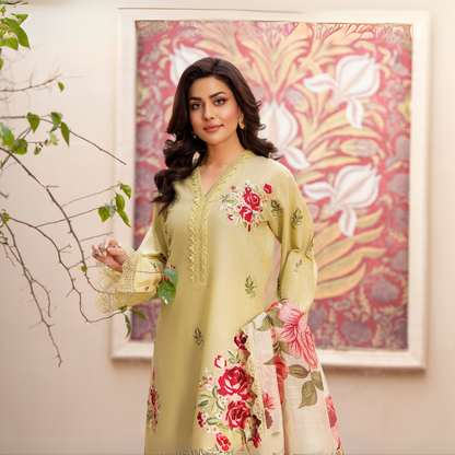 UKC-21 (Sand) Chikenkari Cambric Cotton Ready to Wear Eid Collection 3 Pc - Karma Collection