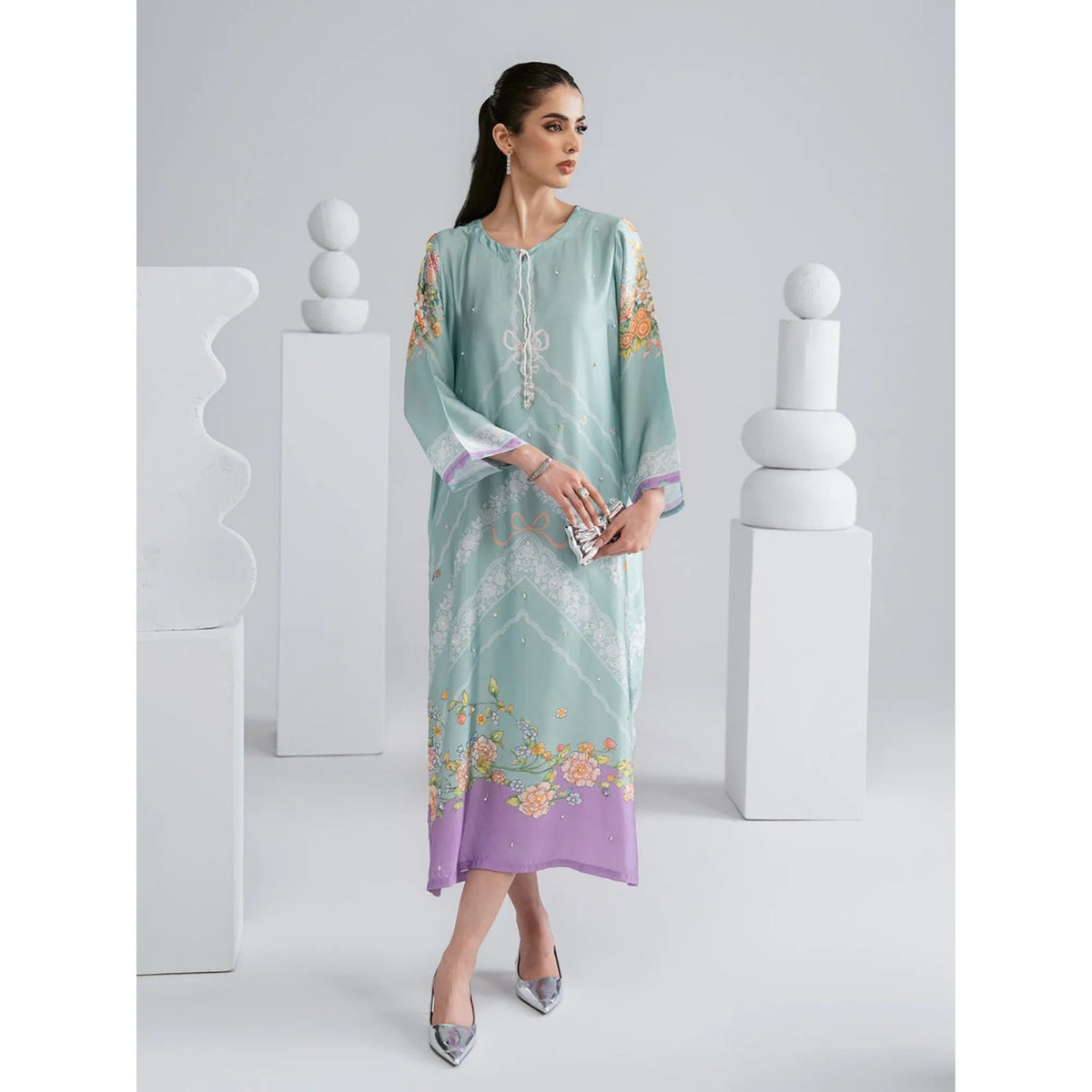 UAL-09 Printed Silk Kaftan with Trouser 2 Pc Set | Ally's