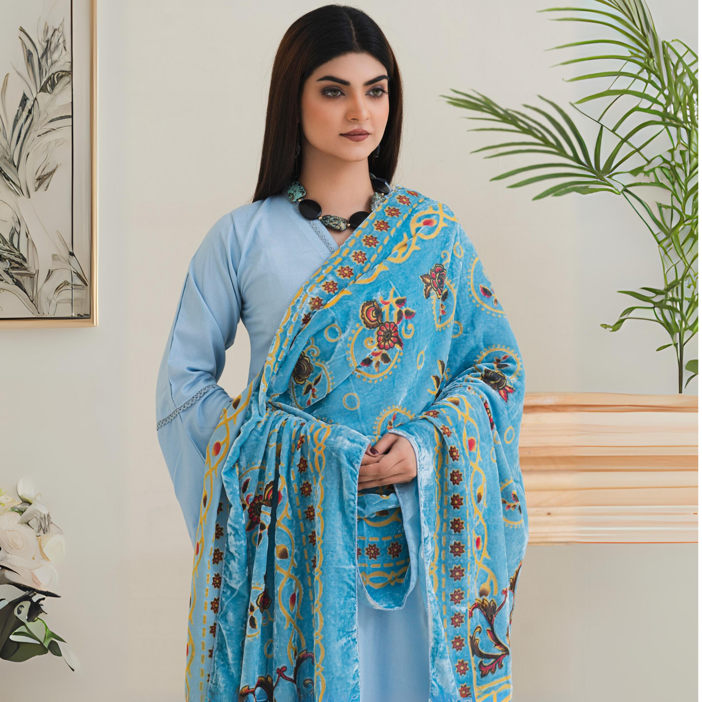 (Cloudy Blue) 3 Pc Dhanak Shirt & Plazo with Palachi Shawl | Winter Collection | Rangz