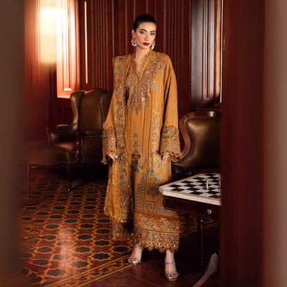 (Mustard) Embroidered Luxury Velvet Linen Suit | 3 Pc | Winter Collection | MARIA.B