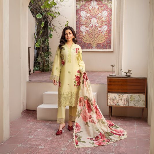 UKC-21 (Sand) Chikenkari Cambric Cotton Ready to Wear Eid Collection 3 Pc - Karma Collection