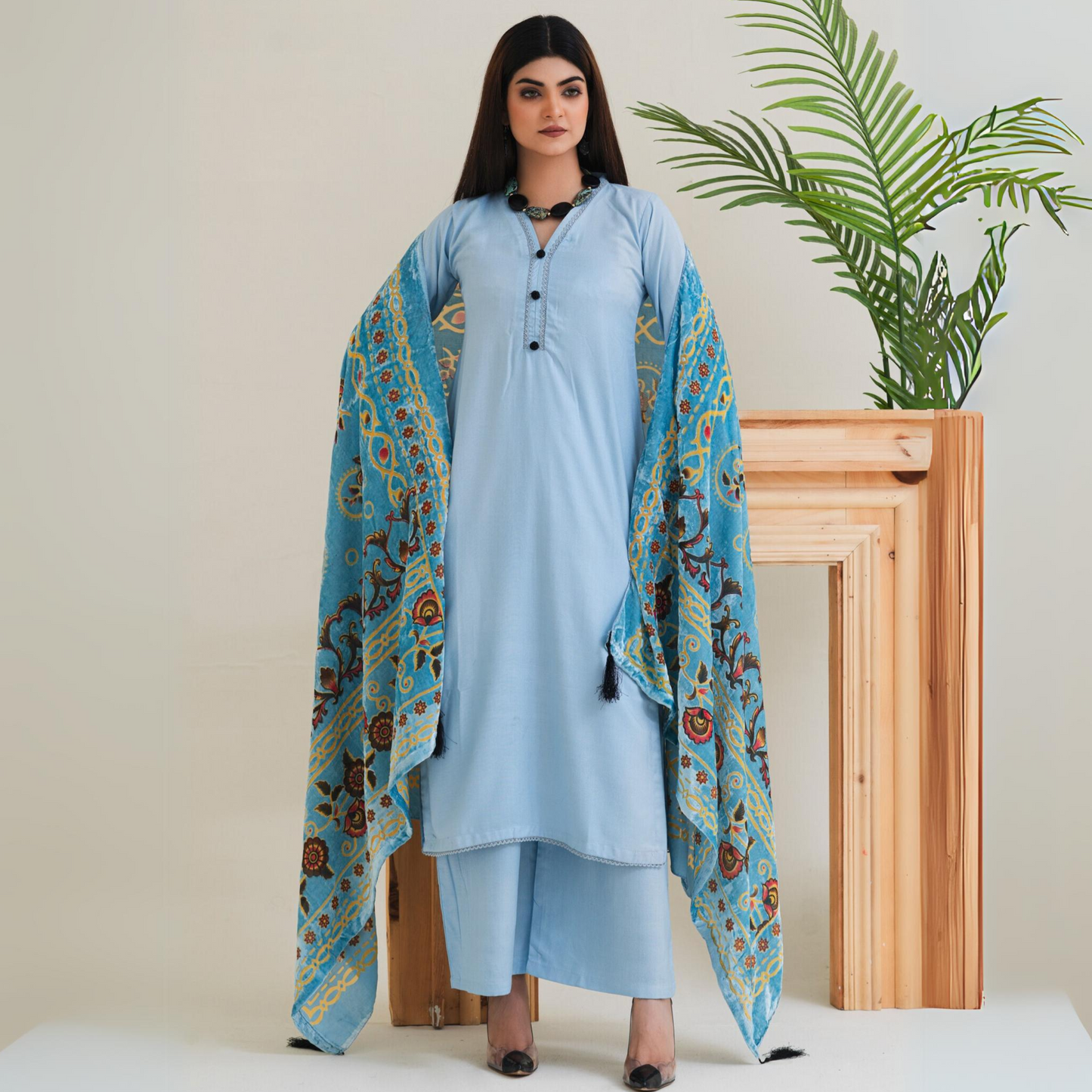 (Cloudy Blue) 3 Pc Dhanak Shirt & Plazo with Palachi Shawl | Winter Collection | Rangz