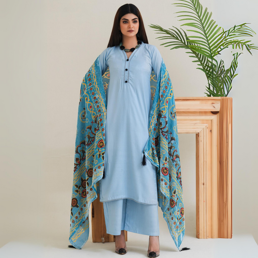 (Cloudy Blue) 3 Pc Dhanak Shirt & Plazo with Palachi Shawl | Winter Collection | Rangz