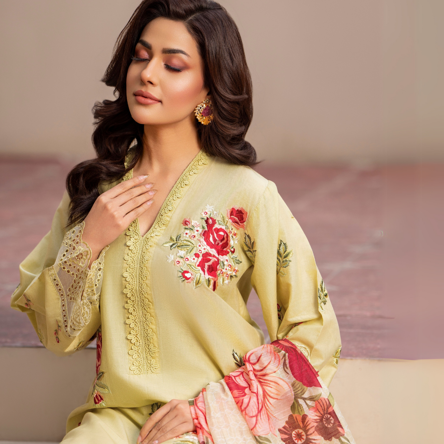 UKC-21 (Sand) Chikenkari Cambric Cotton Ready to Wear Eid Collection 3 Pc - Karma Collection