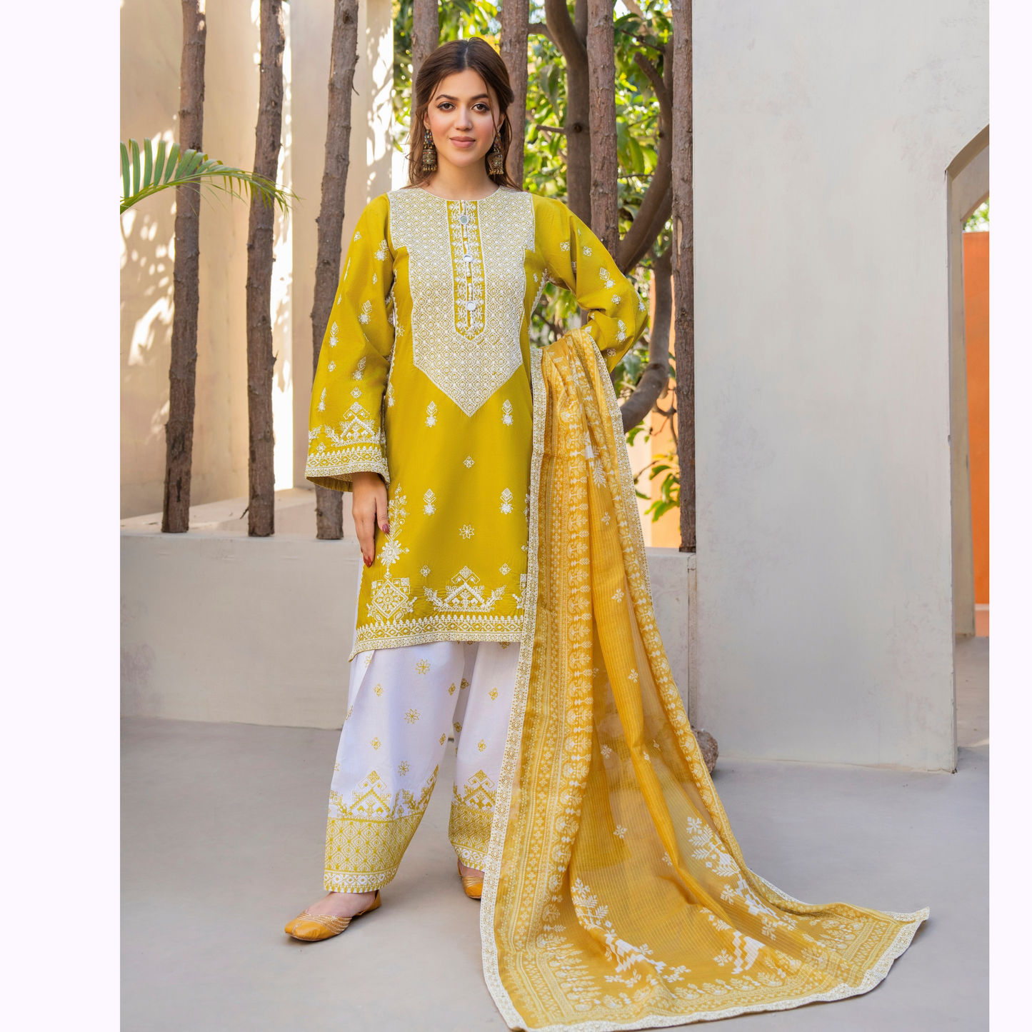 KC-1441 Embroidered Chikenkari Cambric Cotton Farshi Shalwar Ready to Wear 3 Pc - Karma Collection