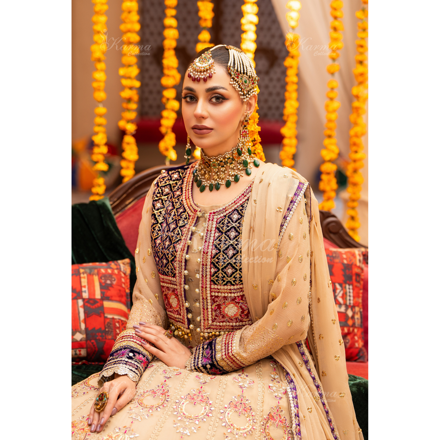 Luxury Embroidered  chiffon long Maxi with velvet jacket | Wedding Collection | karma Collection | UMKC01401