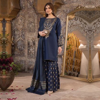 UHE-50 (Navy blue) 3 Pc Embroidered Cambric Cotton ready to wear Dress | Eid Wear | Heera's