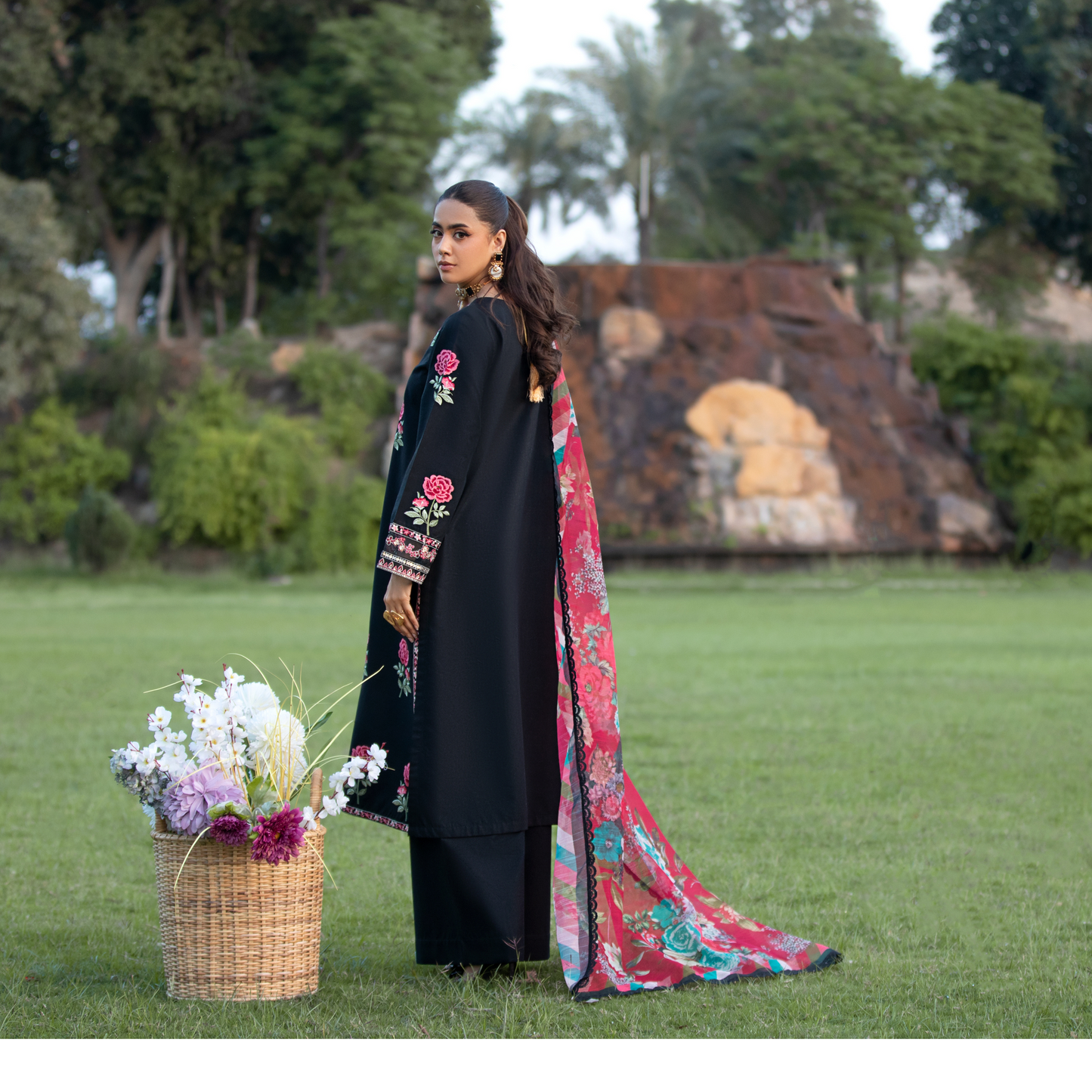 (Black) Luxury Cambric Cotton Embroidered Dress | Ready to Wear | Heera's