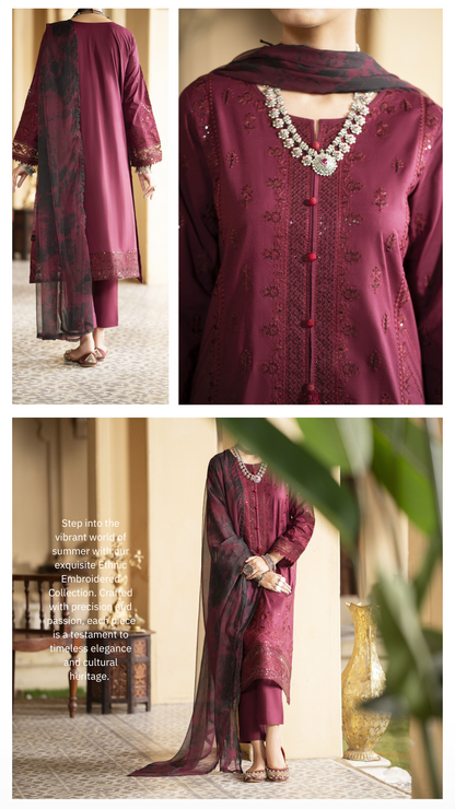 (Maroon) Embroidered Cotton Lawn 3 Pc Dress - Casuallite