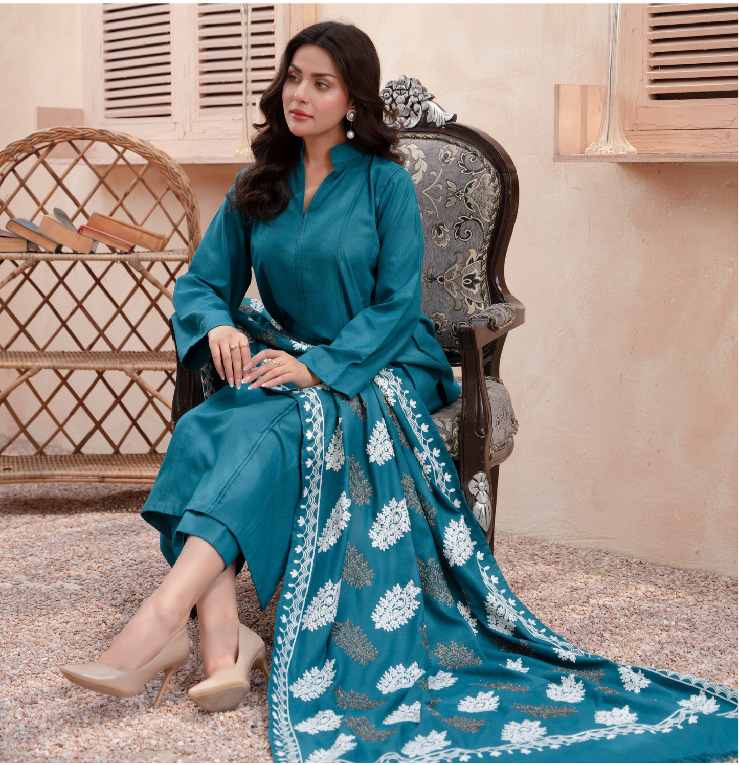 (Deep Aqua Blue) 3 Pc Dhanak Dress with Embroidered Wool Shawl Dupatta | Winter Wear | RANIYA.H