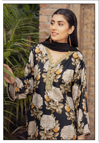 Black | Printed Linen Shirt & Trouser With Chiffon Dupatta| Ready to Wear 3 Pc dress - Rangz