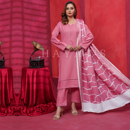 (Pink) Dhanak Dress with Wool Shawl |3 Pc| Winter Collection | Hayats