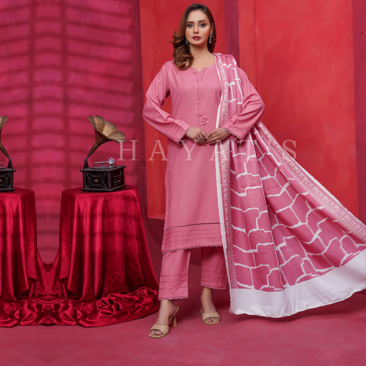 (Pink) Dhanak Dress with Wool Shawl |3 Pc| Winter Collection | Hayats