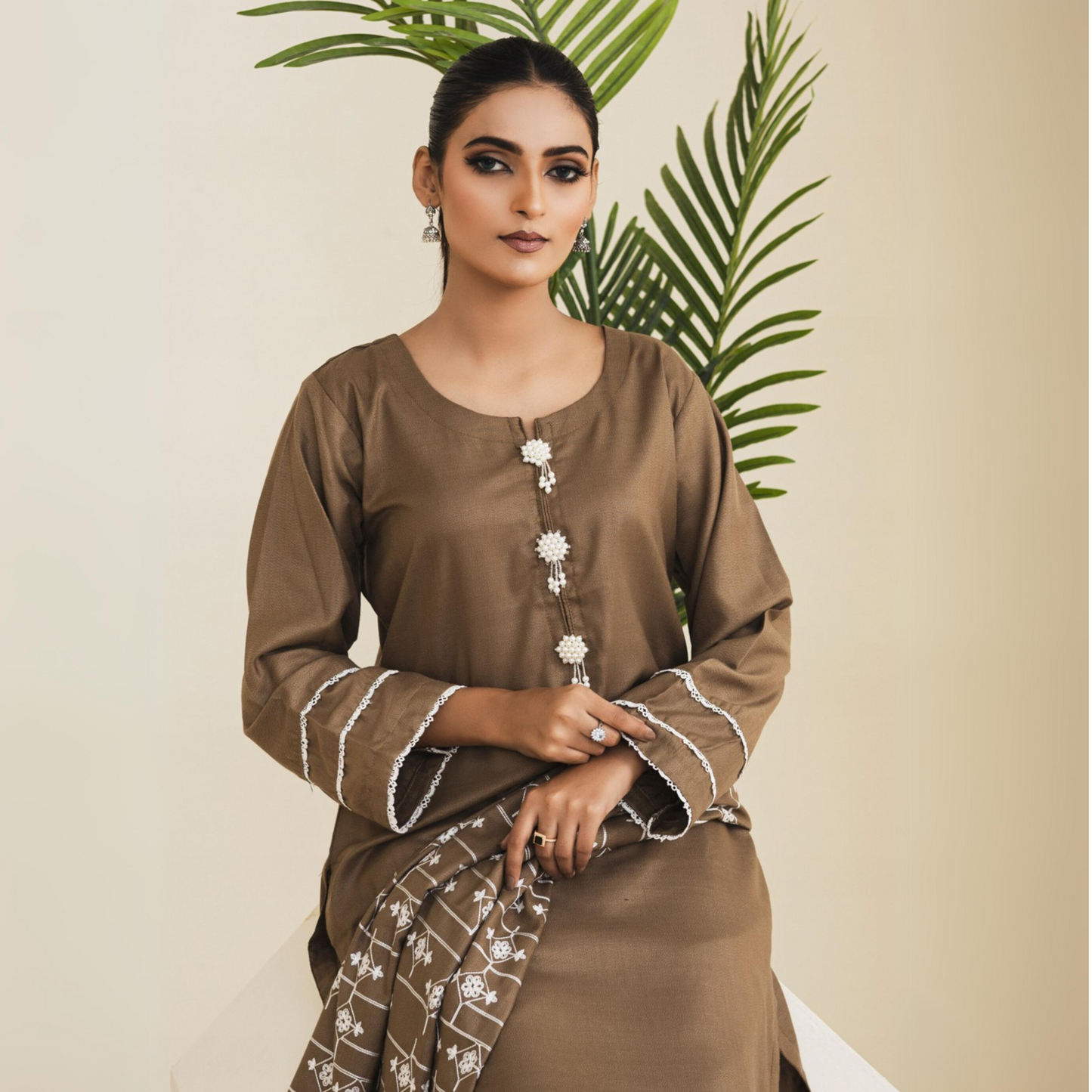(Camel)  3 Pc Dhanak Dress with Embroidered Dhanak Shawl | Winter Collection | Rangz