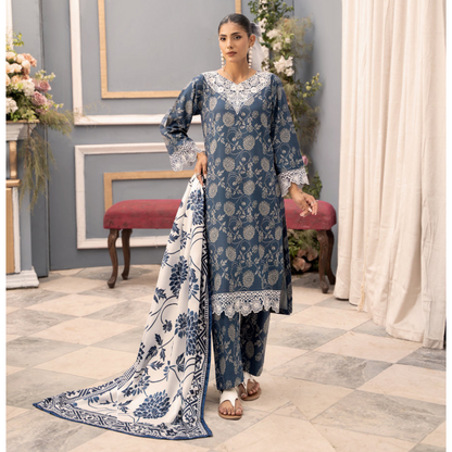 (Blue) Embroidered Printed Dhanak Dress with Dhanak Shawl | Winter Collection | Raniya.h