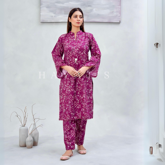 Magenta  2 Pc floral Printed Khaddar Pakistani Co-Ords Set | Ready to wear| Hayats