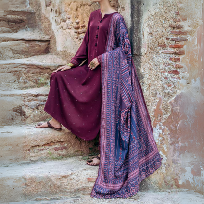 (Wine) 3 Piece Embroidered Dhanak Ready to Wear Collection by Casuallite | UMCAE0602
