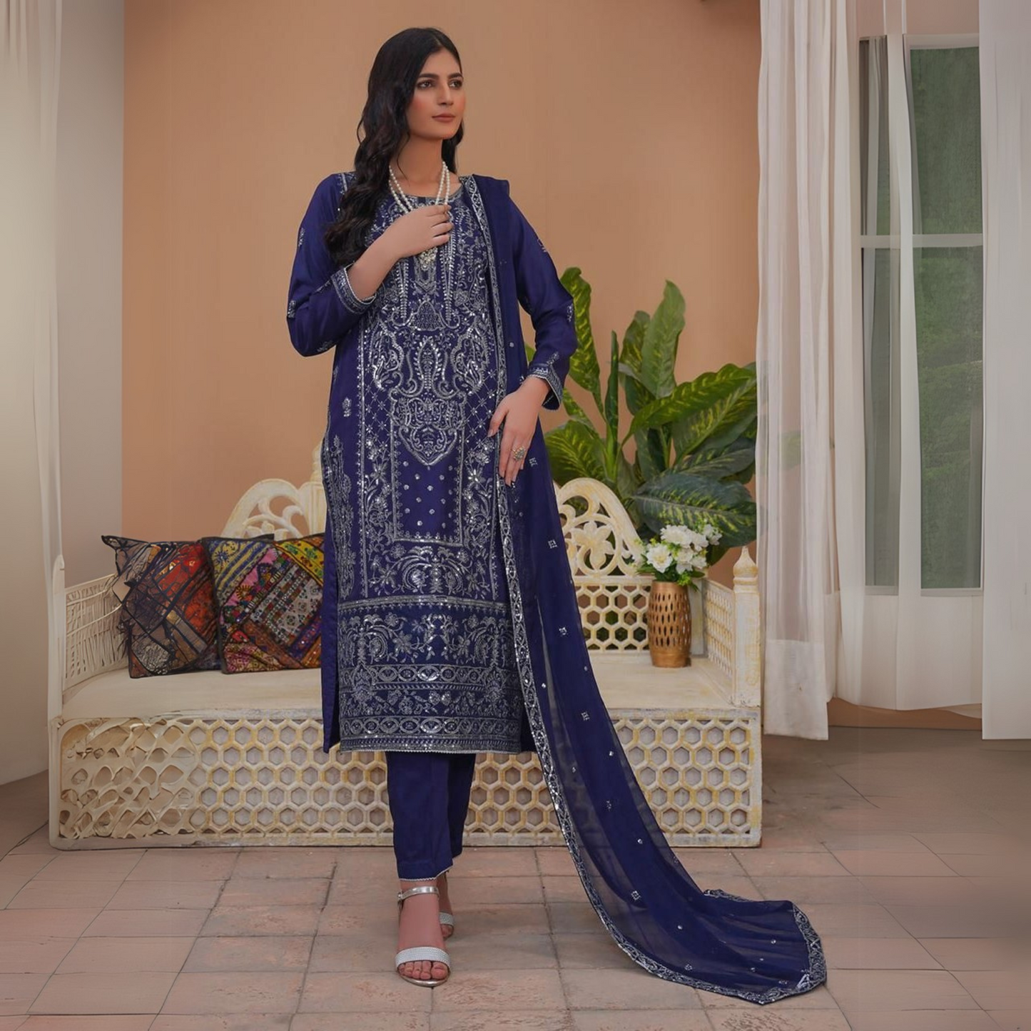 Luxury Embroidered Viscose Linen Dress 3 Pc | Winter Collection | Umnaa