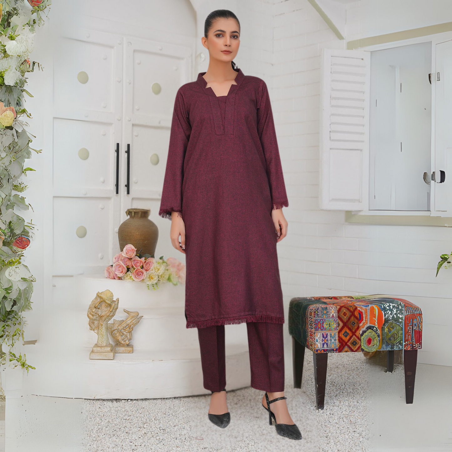 UA-31 2 Plain Boski Linen Pakistani Co-Ords Set  | Ready to Wear | UMNAA