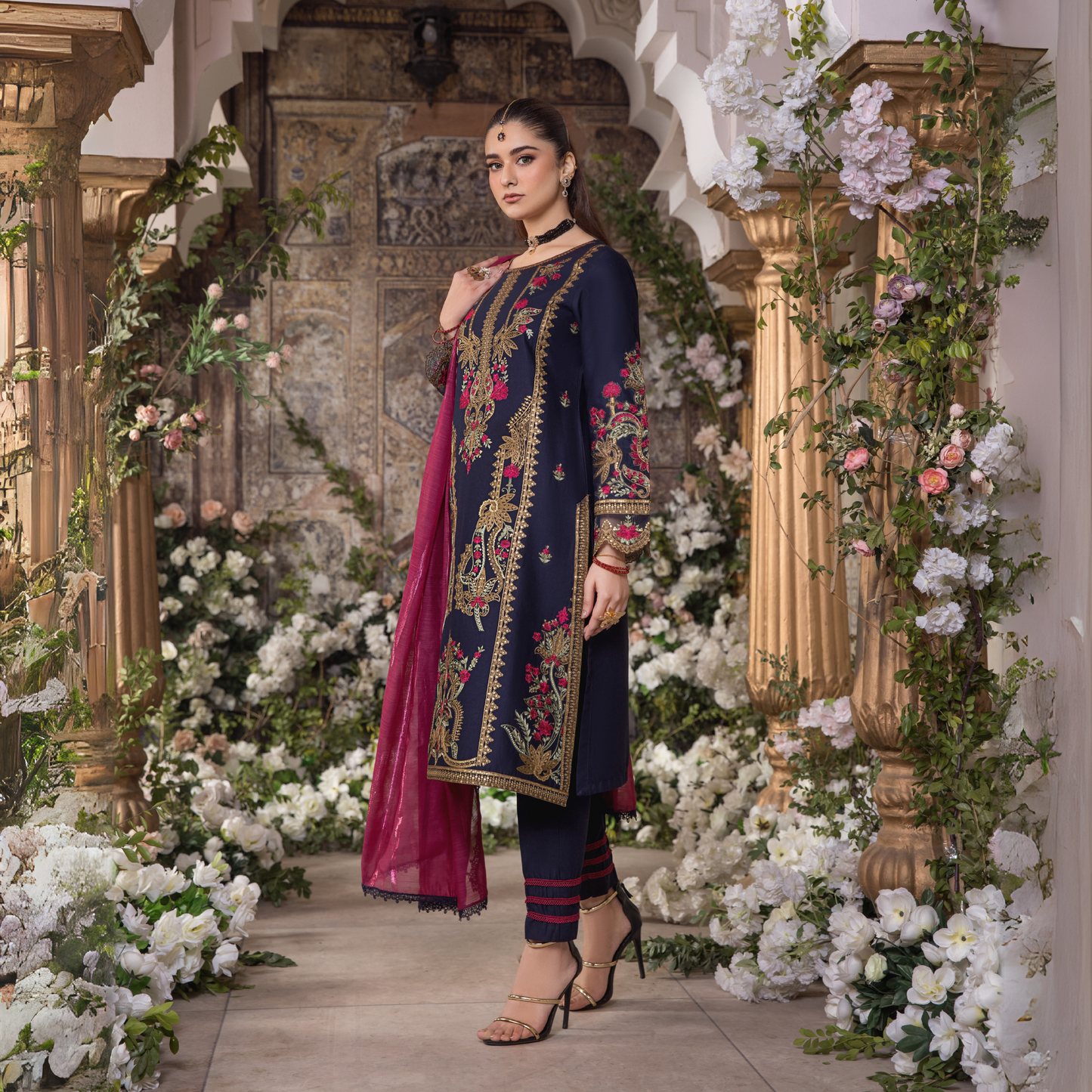 (Navy) 3 Pc Embroidered Cambric Cotton Ready to Wear Dress | Eid Wear | Heera's