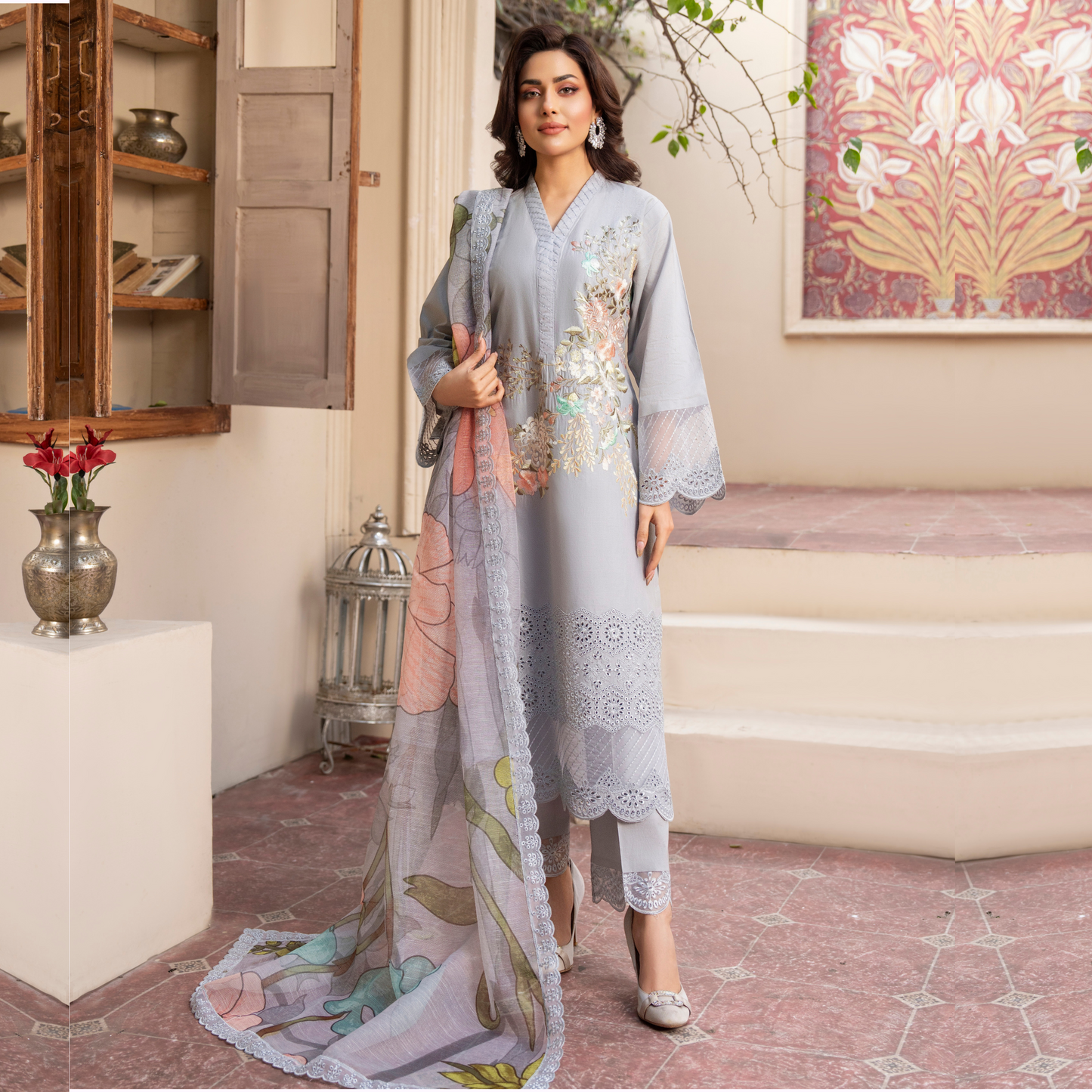 UKC-16 Embroidered Cambric Cotton Ready to Wear 3 Pc - Karma Collection