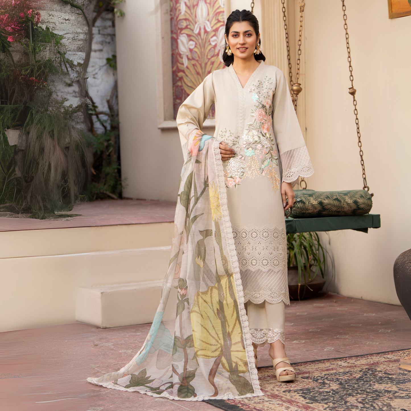 UKC-16 Embroidered Cambric Cotton Ready to Wear 3 Pc - Karma Collection