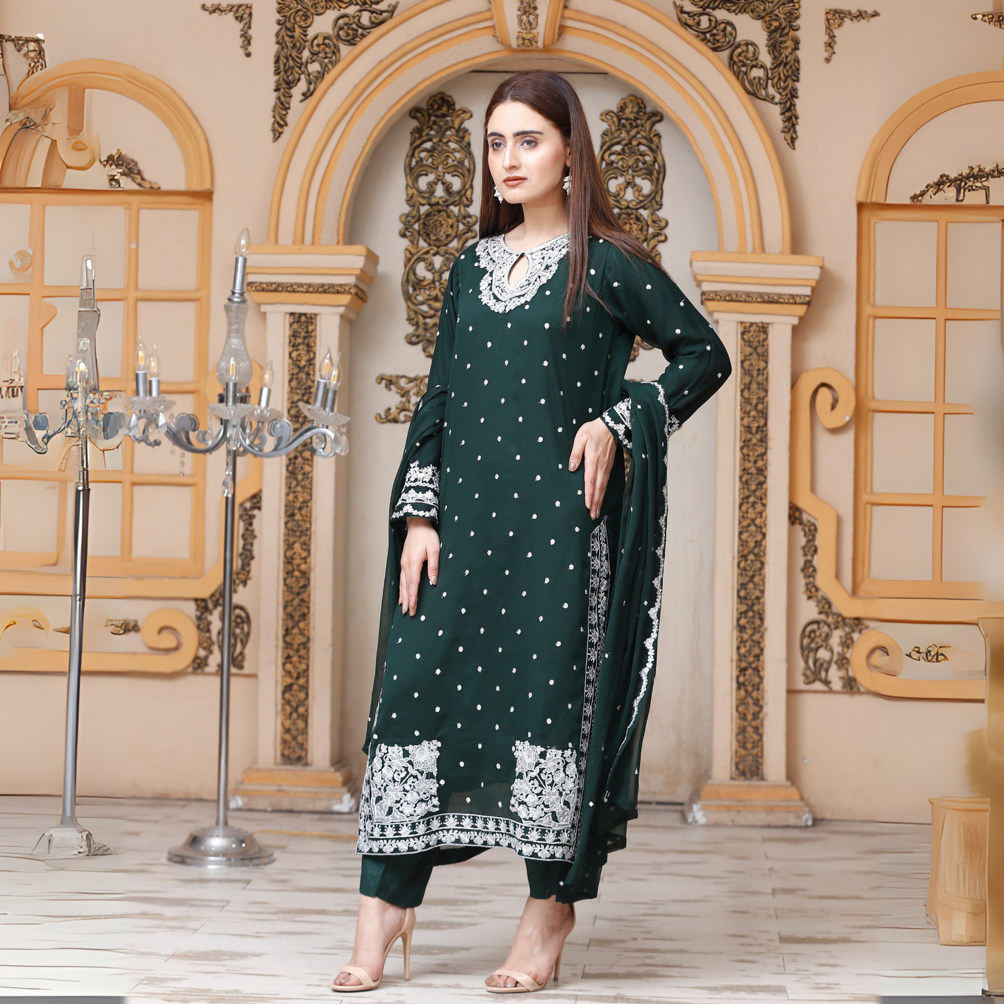 UA-54 3Pc Luxury Embroidered Chiffon Dress with Chiffon Dupatta 3 Pc |Ready to Wear| Umnaa