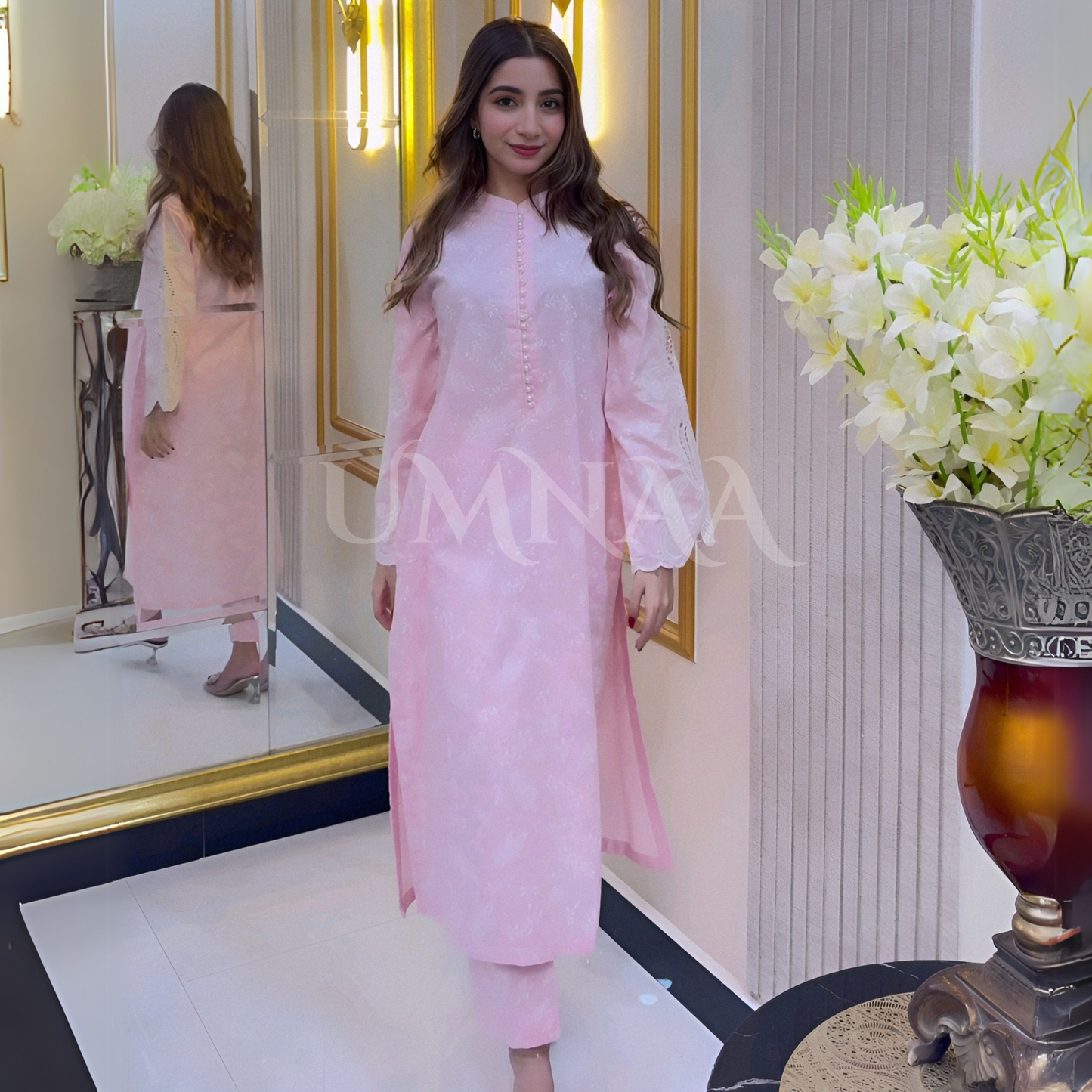 (Light Pink) 2 Pc Embroidered Cambric Cotton Pakistani Dress | Ready to Wear | UMNAA