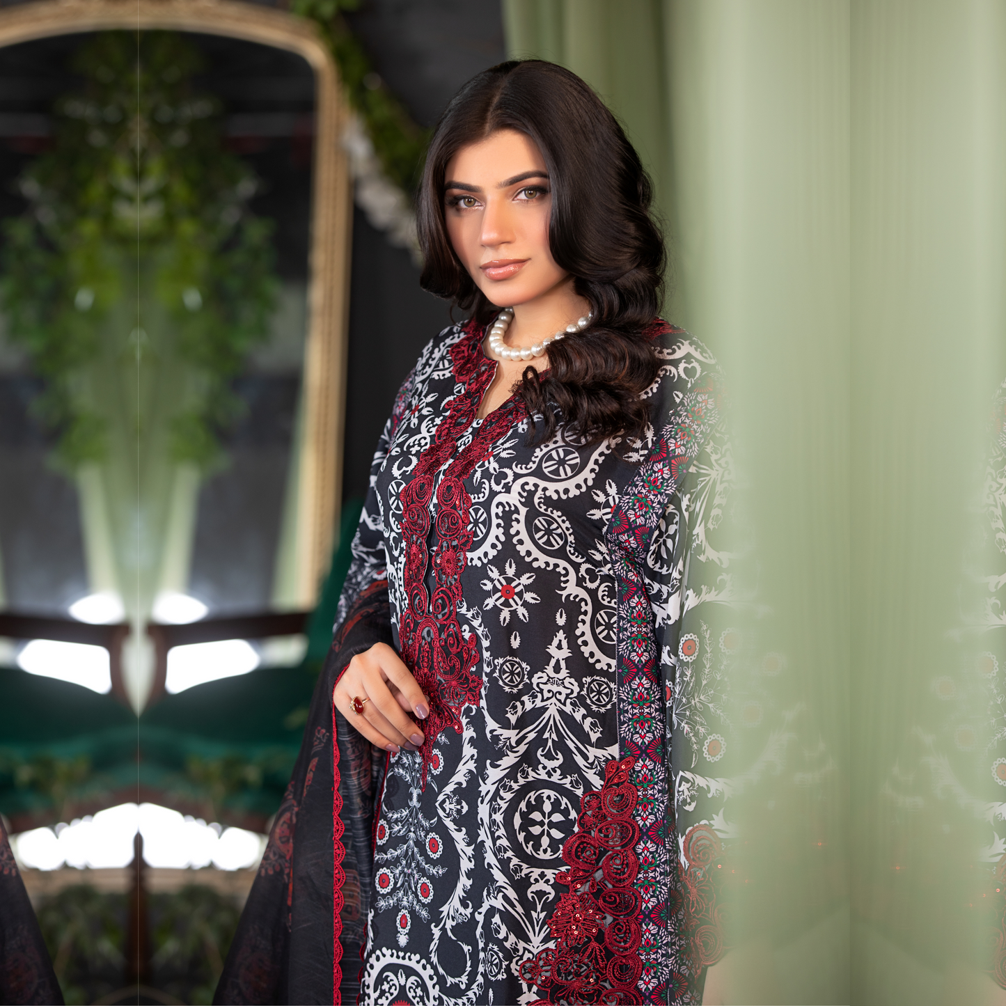 (Black and White) 3 Pc Embroidered Cambric Cotton Ready to Wear Dress | Eid Wear | Heera's