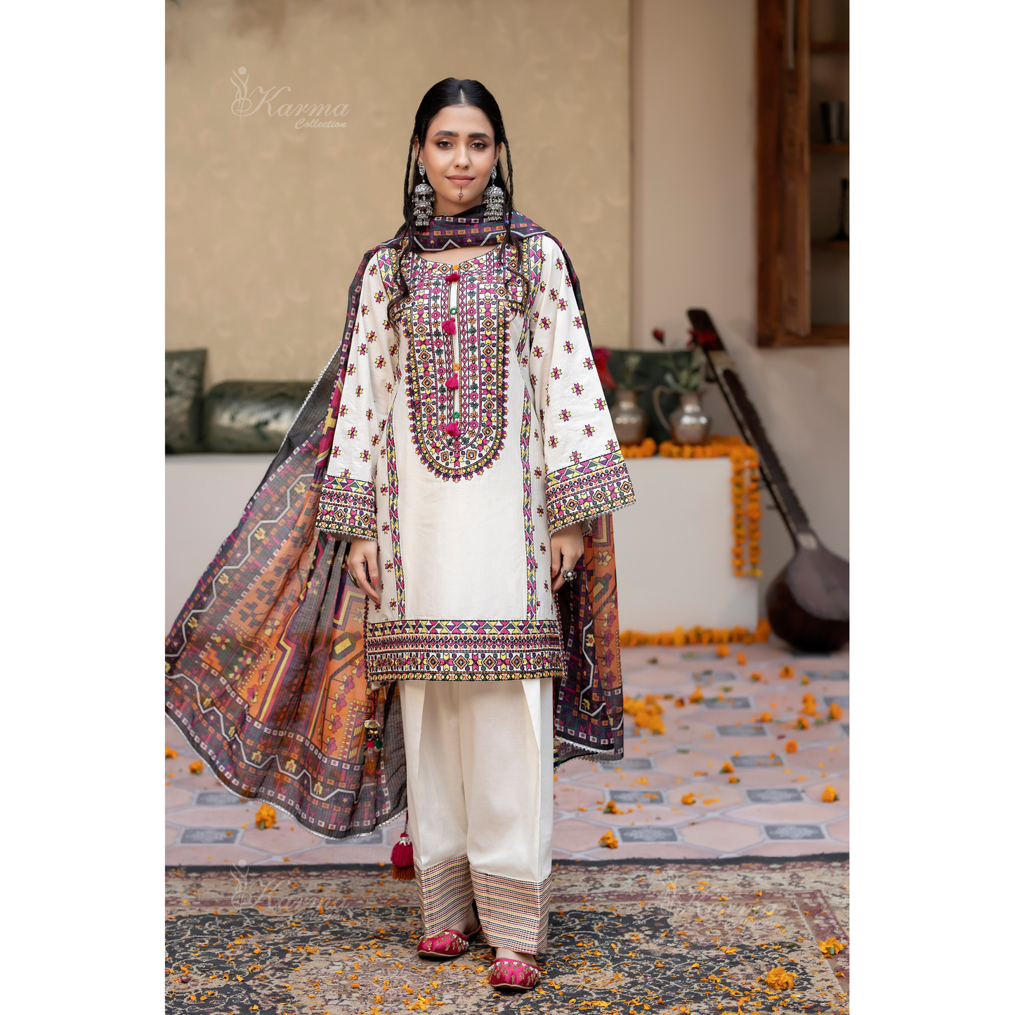 KC-1433 Embroidered Cambric Cotton Farshi Shalwar Kameez Ready to Wear 3 Pc - Karma Collection