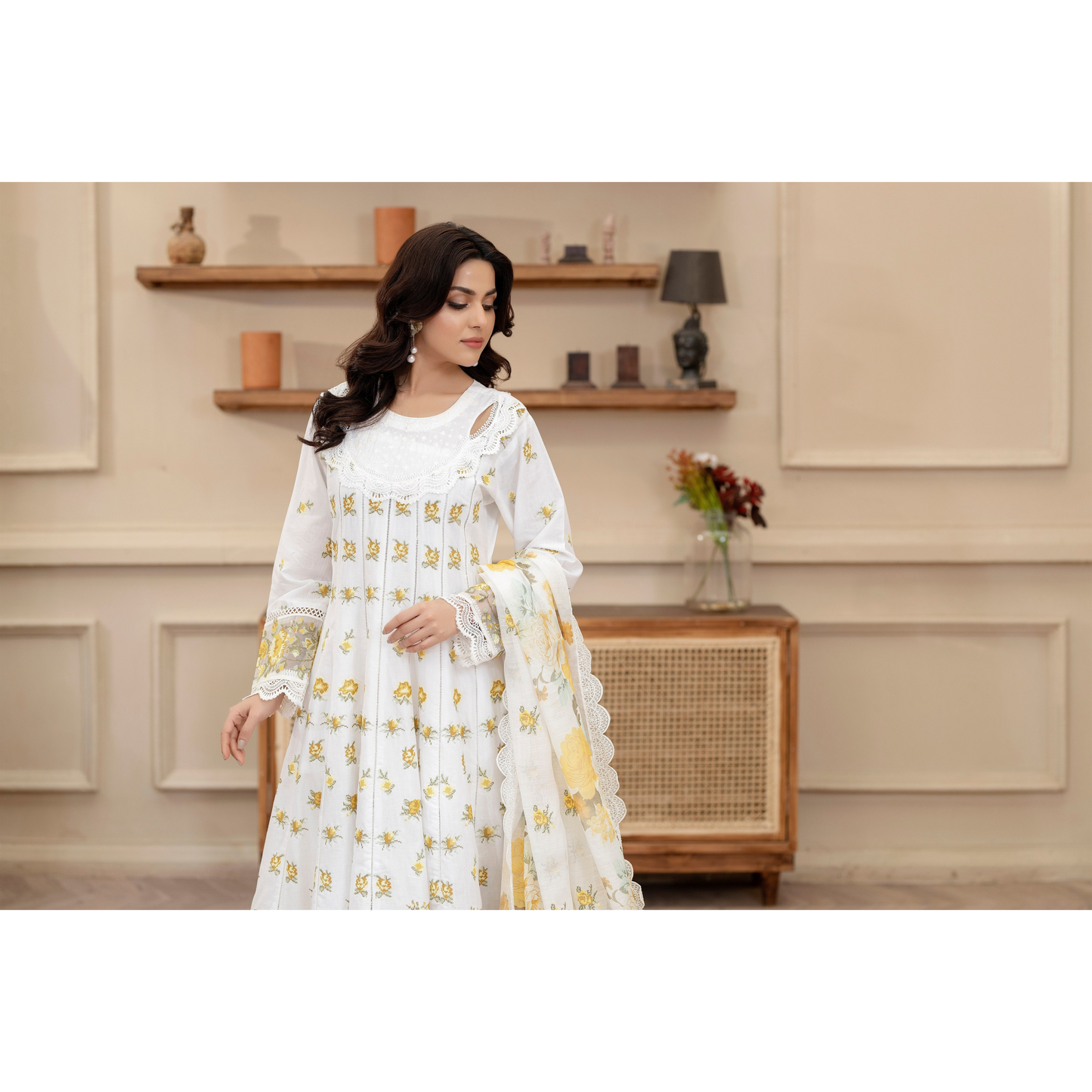 KC-1436 Embroidered Cambric Cotton long Frock Dress Ready to Wear 3 Pc - Karma Collection