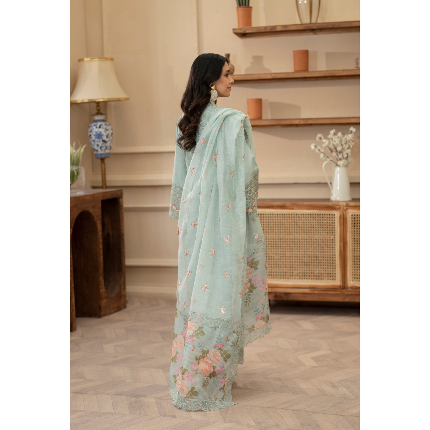 KC-1437 Embroidered Cambric Cotton long Frock Dress Ready to Wear 3 Pc - Karma Collection