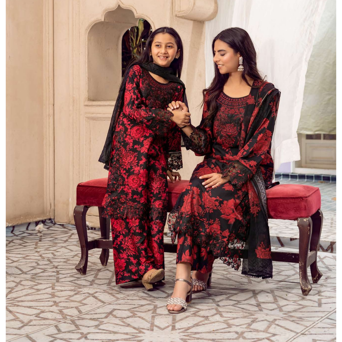 3 Pc Mother n Daughter Linen Embroidered Printed Dress | Festive Collection | Rangz