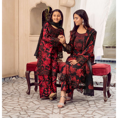3 Pc Mother n Daughter Linen Embroidered Printed Dress | Festive Collection | Rangz