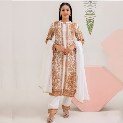 UMRZ-44 Embroidered Linen Coat Style Shirt with Pocket Trouser Dress and Chiffon Dupatta 3 Pc |Ready to Wear| Rangz