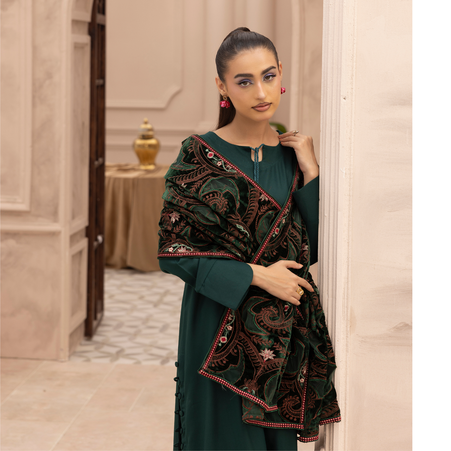 UMS-37 Hanna by Simrans Embroidered Dhanak Dress with Winter Laser Cut Shawl | Ready to Wear | Asian Clothes