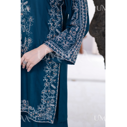 UA-146 Embroidered Linen dress with Pashmina Shawl | Umnaa