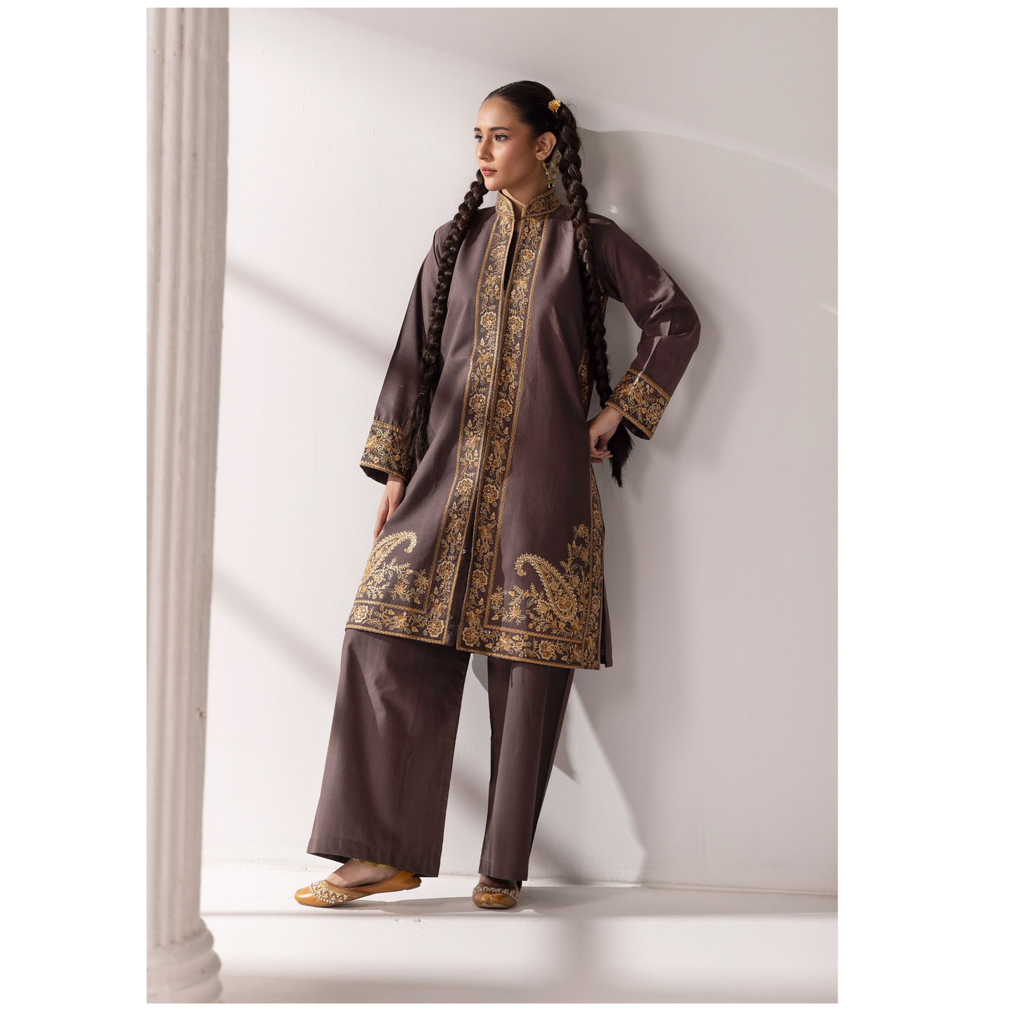 UMS-51 Maria.B inspired Embroidered Khaddar Jacket style dress with chiffon Duppatta by Simrans