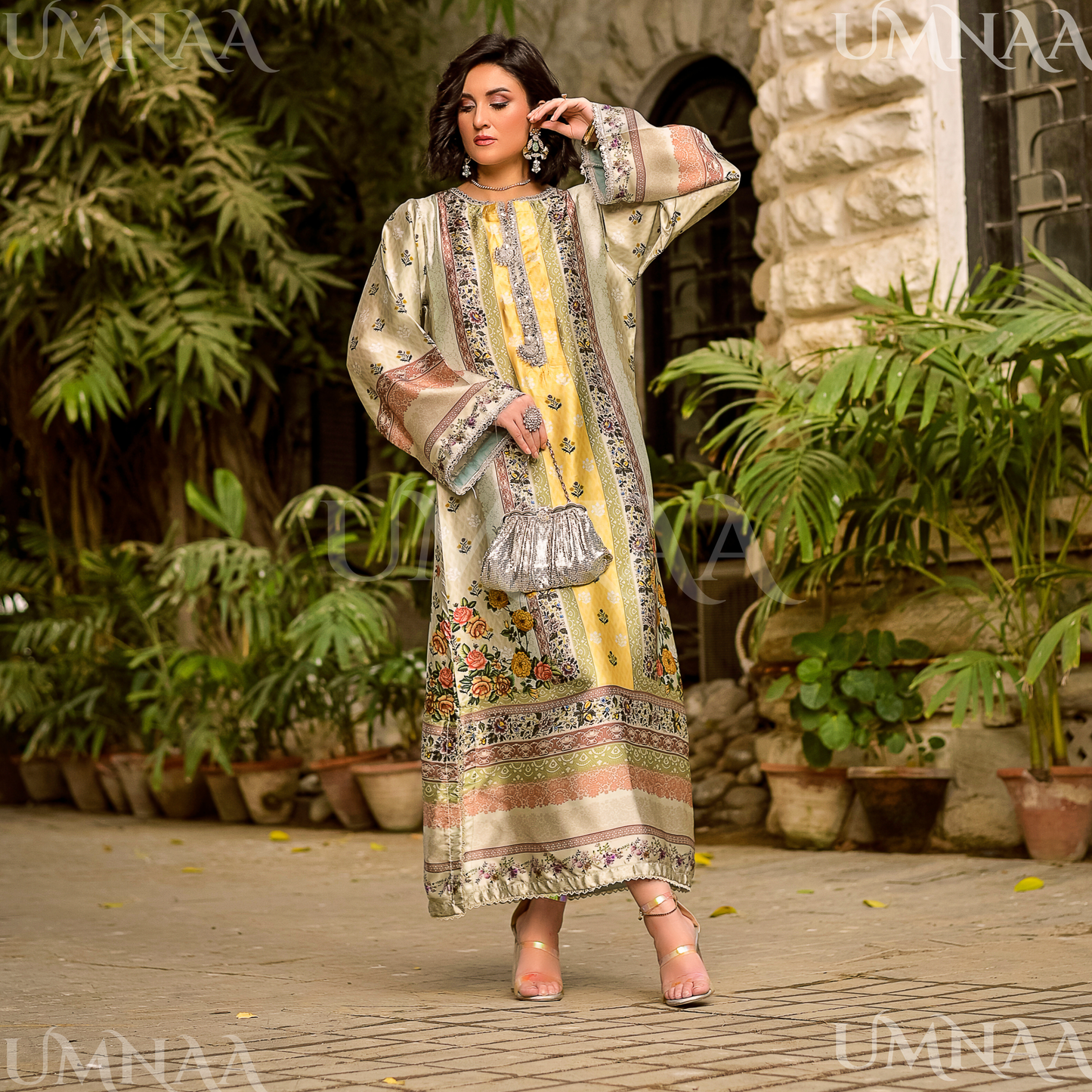 UA-160 Printed Silk kaftan Style long Maxi 1 PC  | Ready to wear | Umnaa