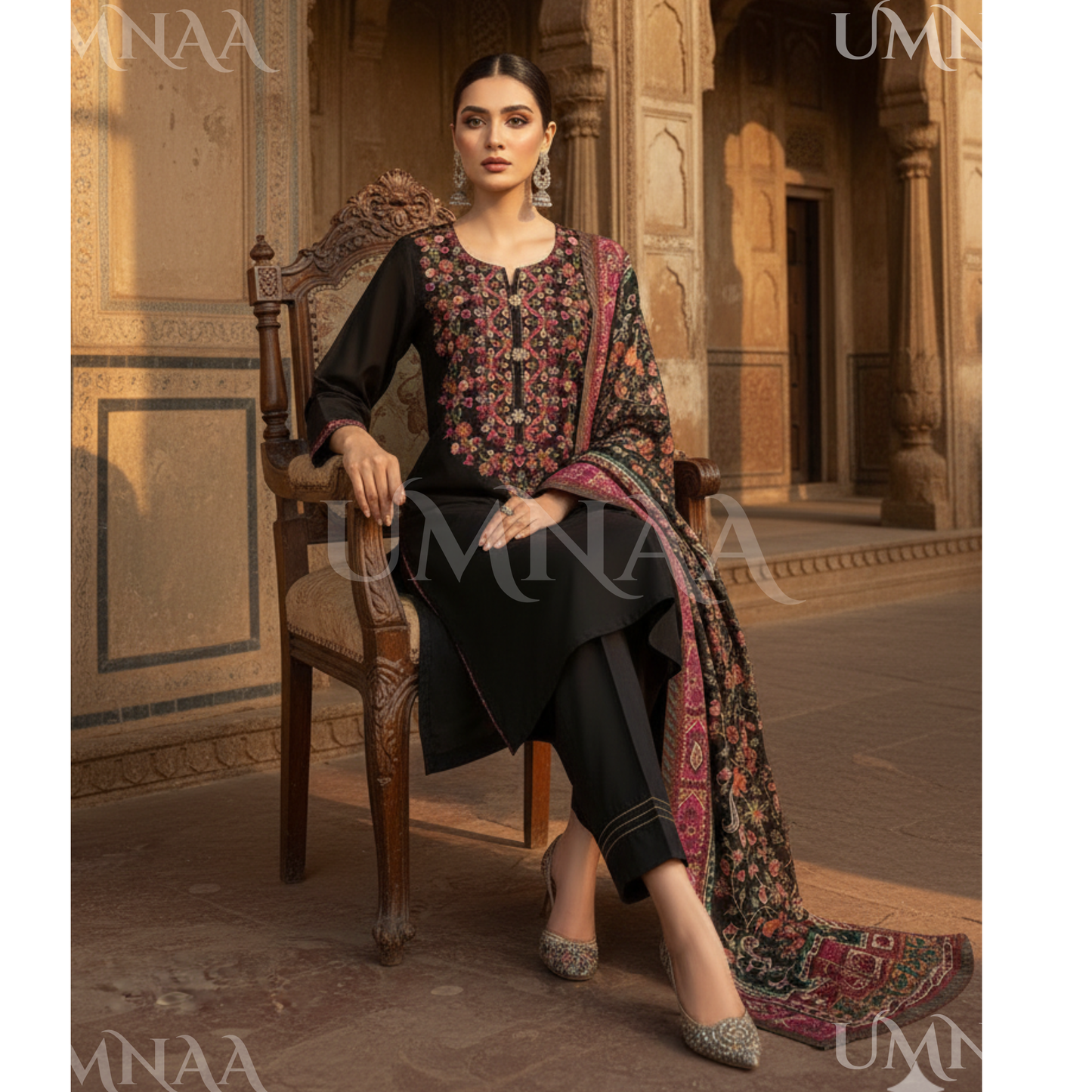 UA-161 Embroidered Dhanak dress with Pashmina Shawl by Umnaa