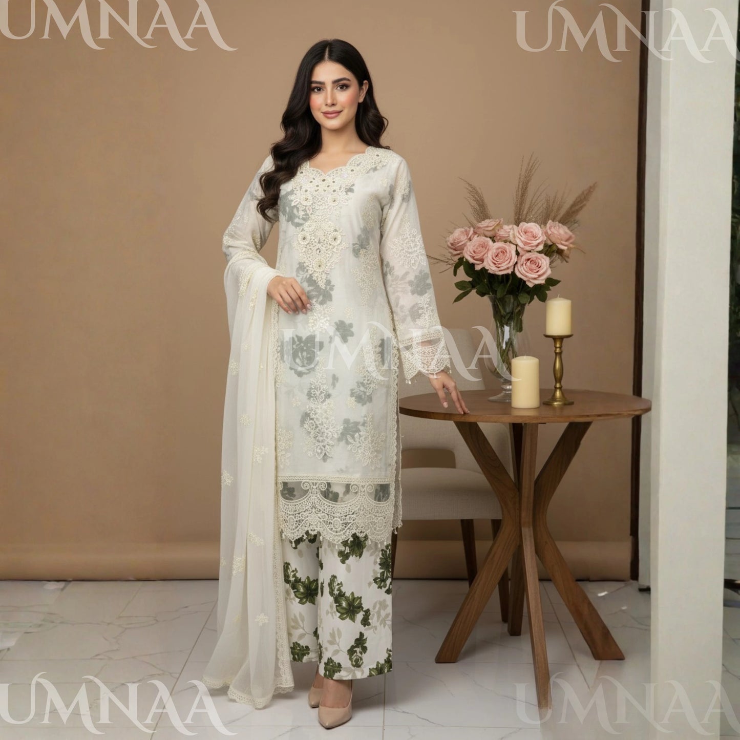 UA-165 Embroidered Chiffon 3-Piece with Printed Lining & Trouser