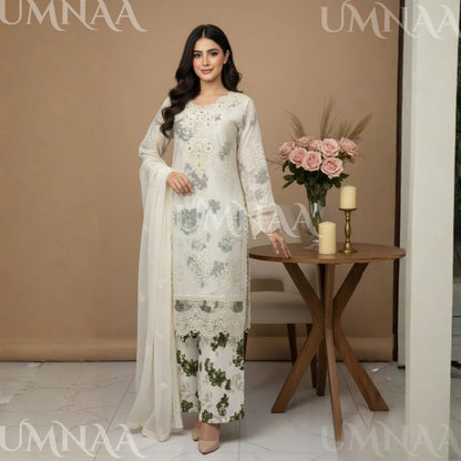 UA-165 Embroidered Chiffon 3-Piece with Printed Lining & Trouser