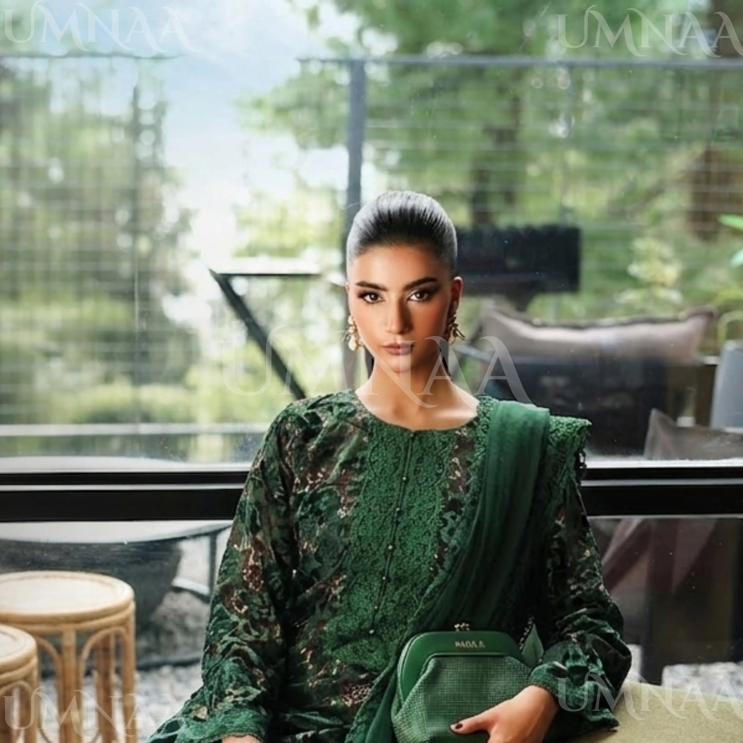 UA-175 Festive Palachi Velvet Dress with Chiffon Dupatta 3 Pc Collection by Umnaa