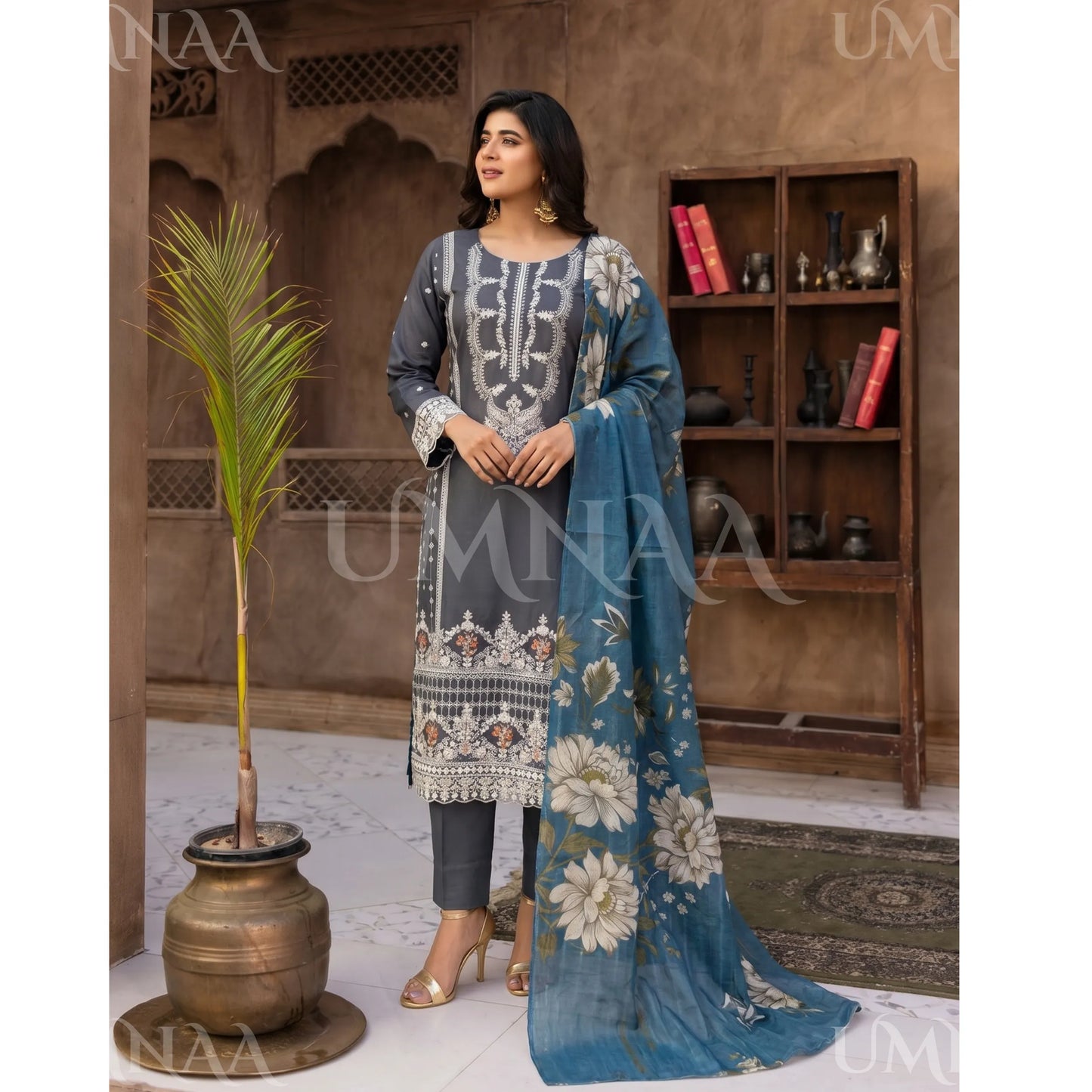 UB-03 3 Pc Embroidered Linen Dress With Cotton Silk Printed Dupatta  By UB