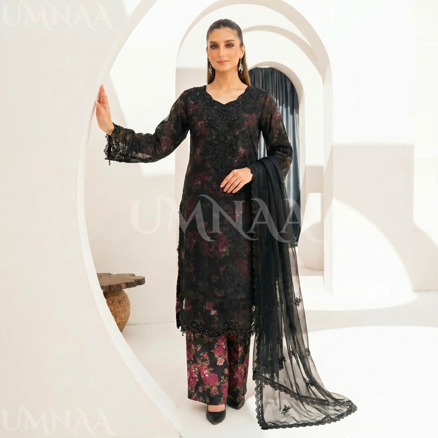 UA-184 Embroidered Chiffon 3-Piece with Printed Lining & Trouser
