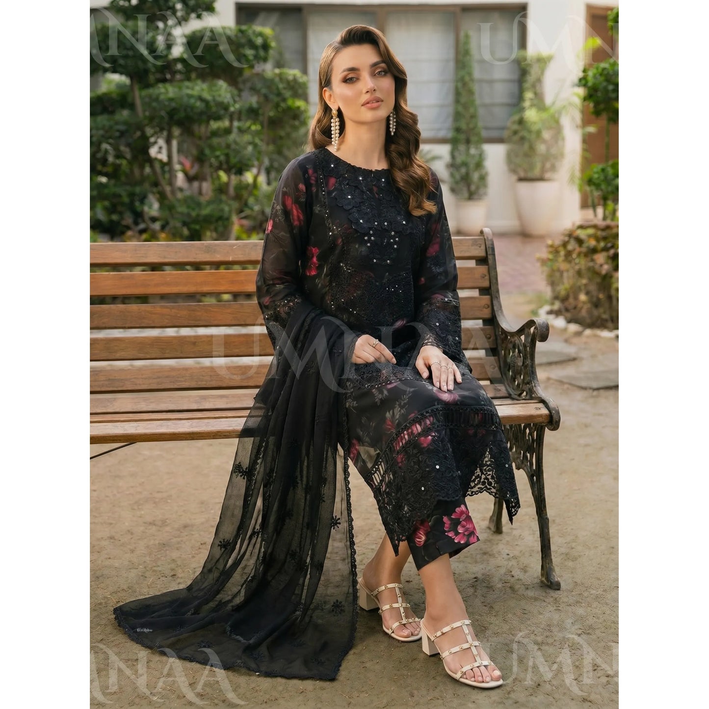 UA-200 Embroidered Chiffon 3-Piece with Printed Lining & Trouser