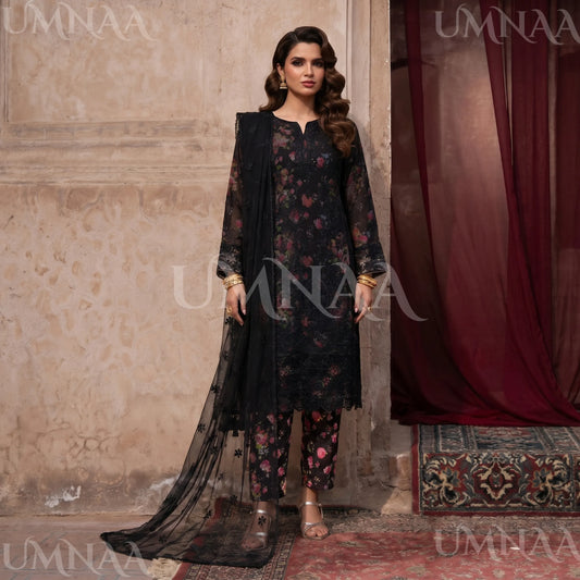UA-205 Embroidered Chiffon 3-Piece with Printed Lining & Trouser