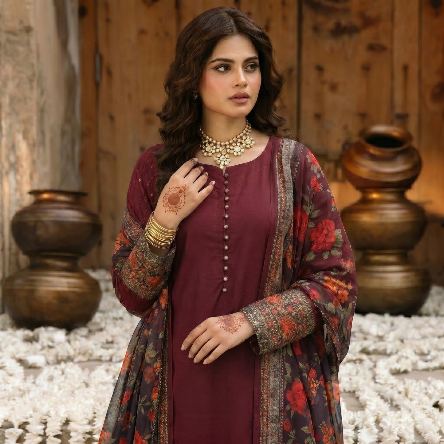 UA-207 Embroidered Viscose Farshi Shalwar with Printed Chiffon Dupatta by Umnaa | Ready to Wear Pakistani Asian clothes